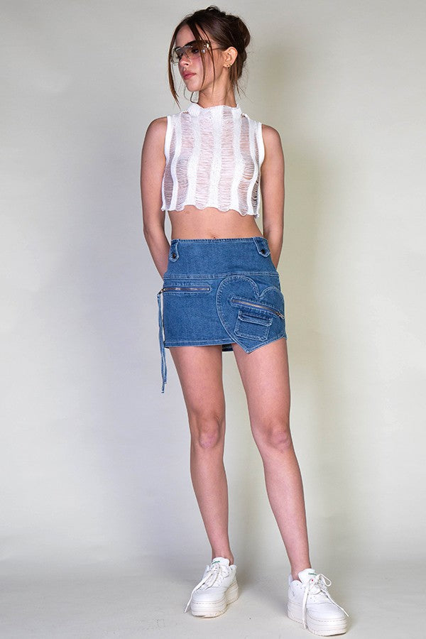 HEART PATCHED DENIM MINI SKIRT